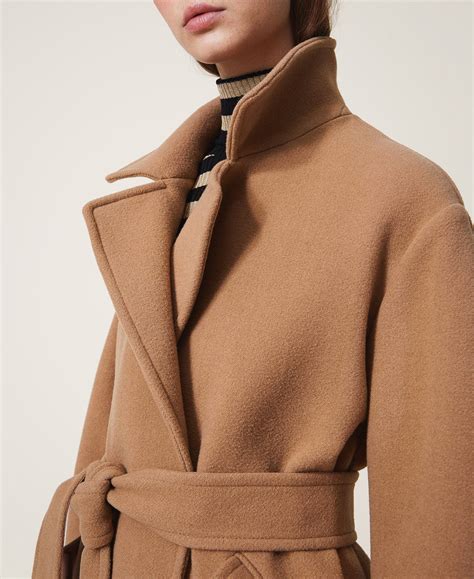 Manteau croisé à ceinture Drap de laine beige 